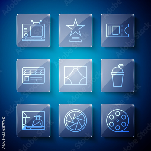 Set line Online play video, Camera shutter, Film reel, Cinema ticket, Curtain, Movie clapper, Retro tv and Paper glass with straw icon. Vector