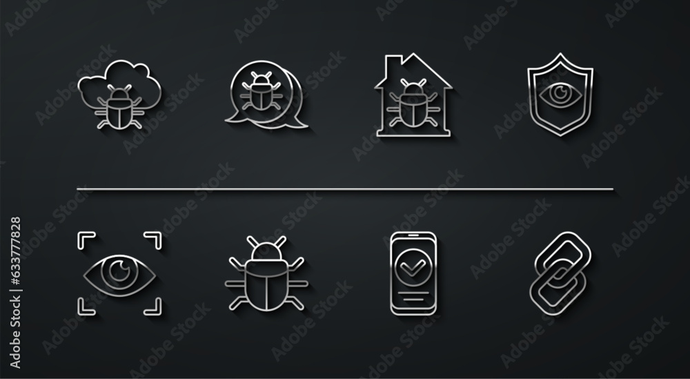 Set line System bug on a cloud, Eye scan, Shield and eye, Smartphone, Chain link and House system icon. Vector Set line System bug on a cloud, Eye scan, Shield and eye, Smartphone, Chain link and House system icon. Vector