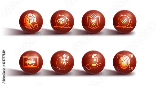 Set line Fingerprint, Browser incognito window, Check mark speech bubble, Lock hand, Head with shield, Eye scan, and Shield WiFi wireless icon. Vector