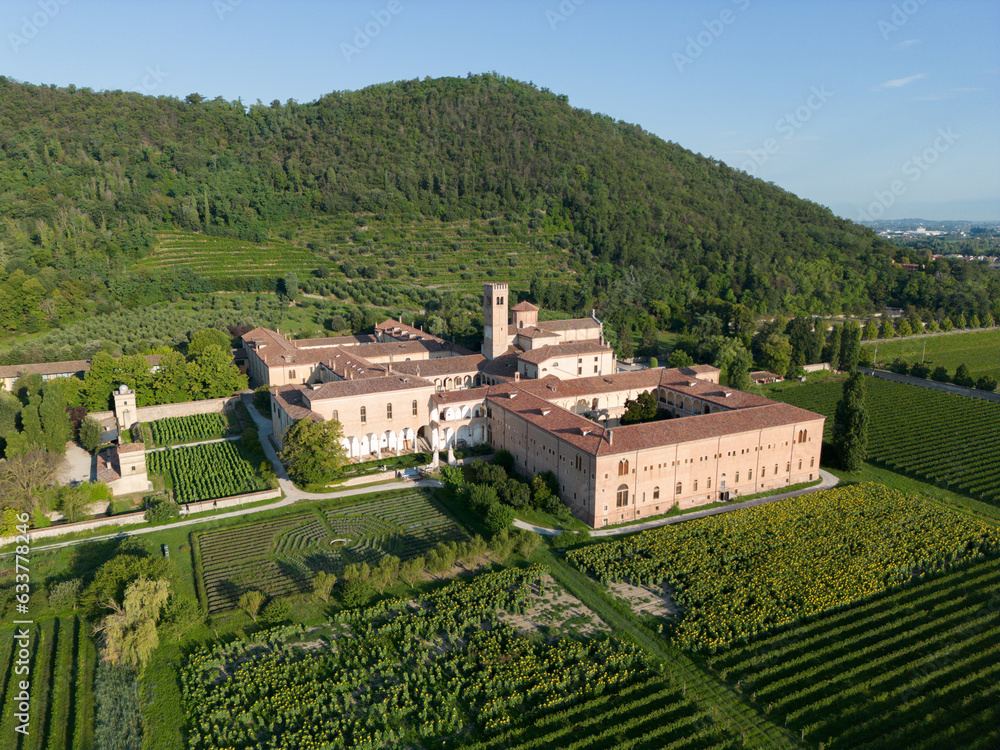 Aerial view of Benedictine monastery Abbazia di Praglia (Praglia abbey