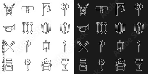 Set line Medieval goblet, spear, shield with sword, Gallows, Crossed arrows, Trumpet, swords and Shield icon. Vector