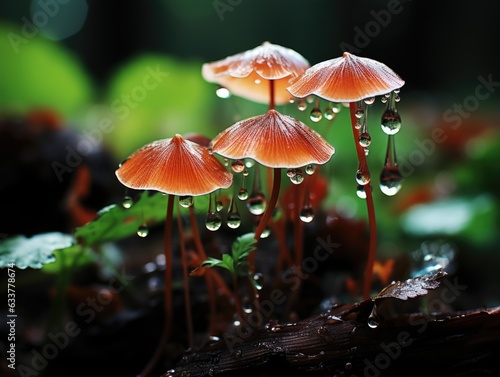 Macro view of smalle wet mushrooms with drops of dew in morning forest. Generative AI image. photo