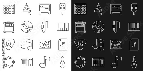 Set line Guitar, Music book with note, Grand piano, amplifier, Vinyl disk, Drum machine and Audio jack icon. Vector