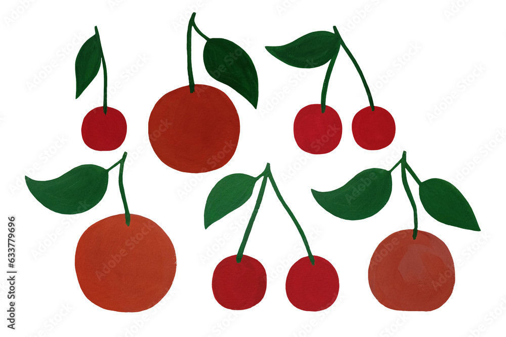 Watercolor gouache tangerines and cherries illustration. Hand drawn set. Fresh sweet and tasty illustration Watercolor gouache tangerines and cherries illustration. Hand drawn set. Fresh sweet and tasty illustration