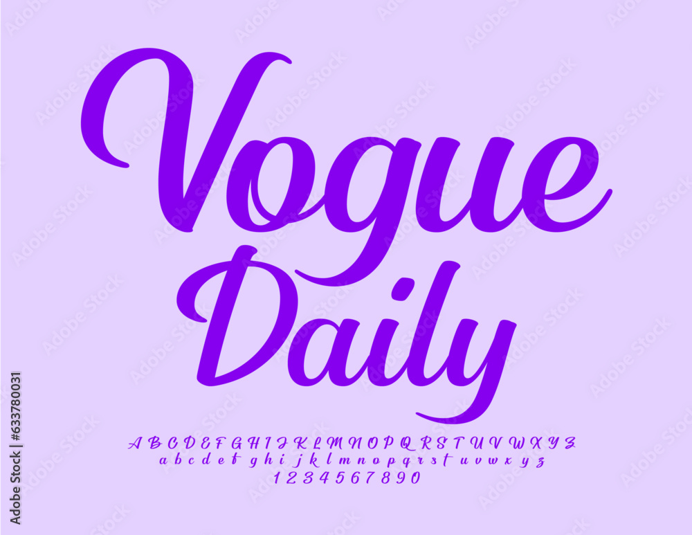 Vector stylish Logo Vogue Daily. Calligraphy Violet Font. Beautiful  Alphabet Letters, Numbers and Symbols set
