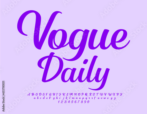 Vector stylish Logo Vogue Daily. Calligraphy Violet Font. Beautiful Alphabet Letters, Numbers and Symbols set