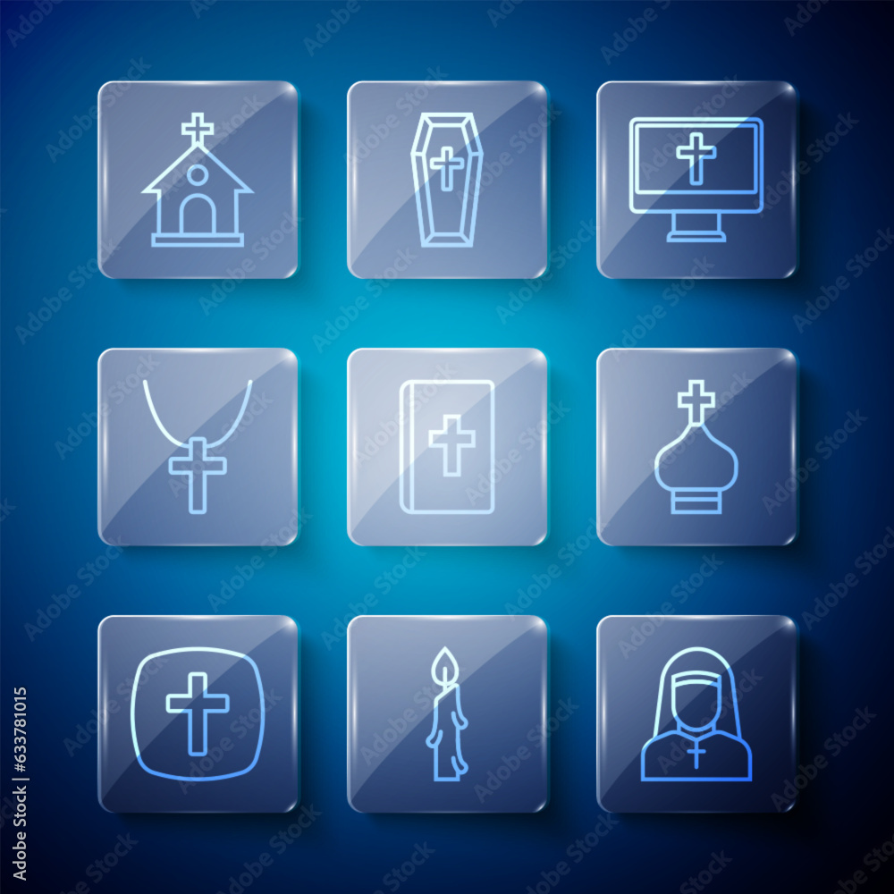 Set line Christian cross, Burning candle, Nun, on monitor, Holy bible book, chain, Church building and church tower icon. Vector Set line Christian cross, Burning candle, Nun, on monitor, Holy bible book, chain, Church building and church tower icon. Vector