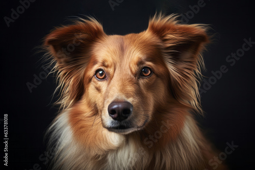 Furry long hair brown dog portrait on black background. Pet animal studio shot concept