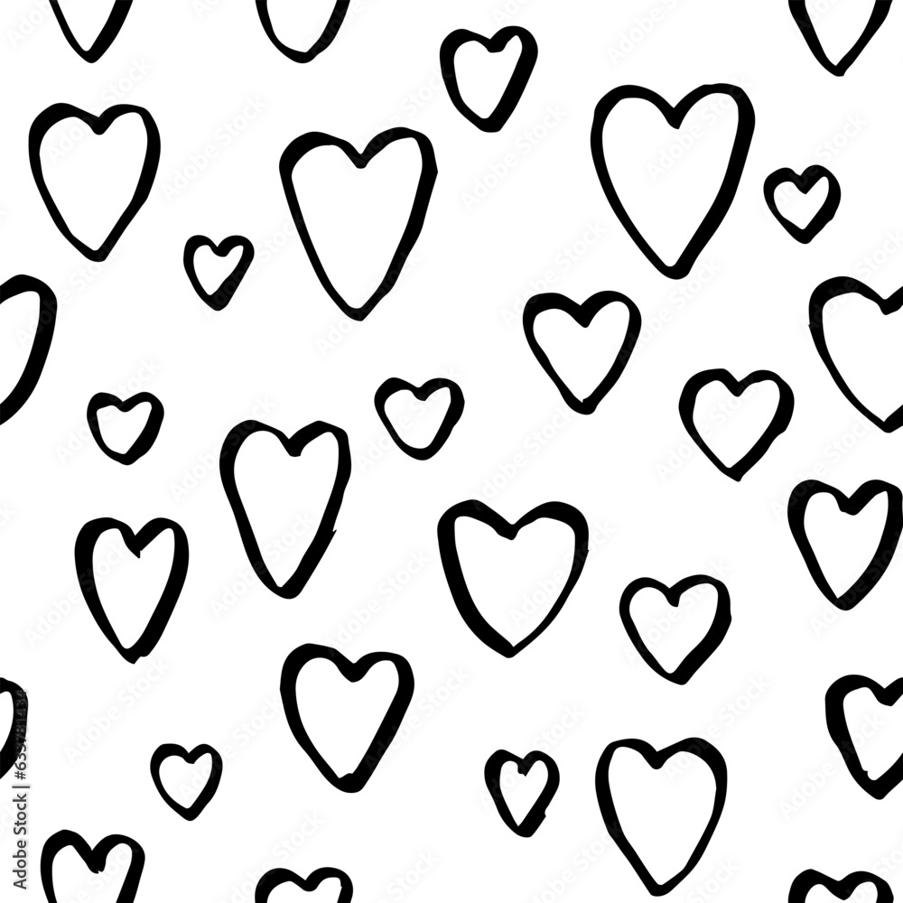 Hearts pattern Abstract seamless. Hand drawn doodle hearts. Black and white vector pattern.