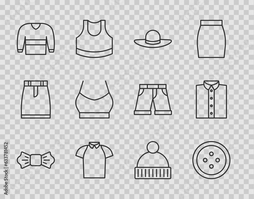 Set line Bow tie, Sewing button for clothes, Elegant women hat, Polo shirt, Sweater, Female crop top, Beanie and Shirt icon. Vector