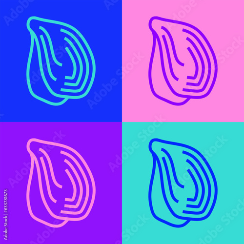 Pop art line Mussel icon isolated on color background. Fresh delicious seafood. Vector
