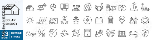 Set of 36 line icons of solar energy. hydroelectric power plant, solar panels, fossil fuel. Vector illustration. Outline icon. Editable stroke.