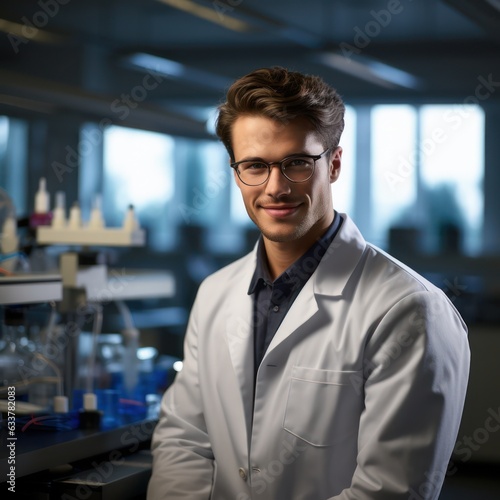 Young Scientist, researcher, technician or student wear glasses and blue rubber gloves while standing with crossed arms and looking away by Confident in a modern laboratory. Education