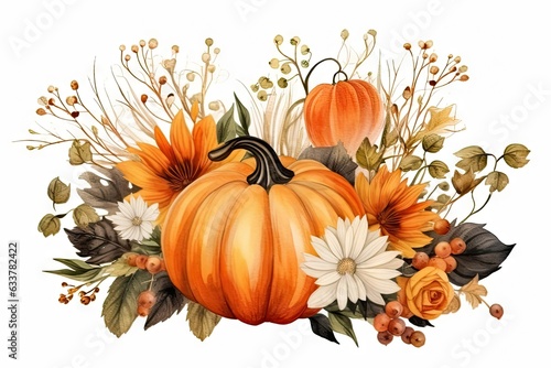 A vibrant autumn still life with a pumpkin, flowers, and foliage
