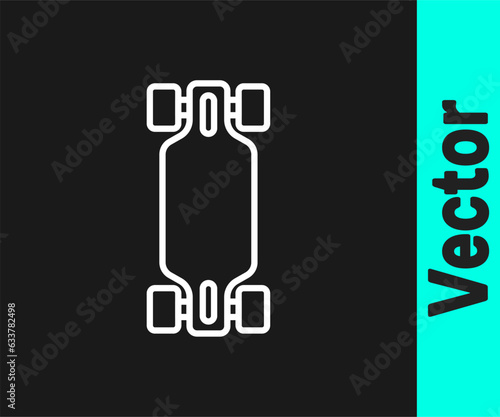 White line Longboard or skateboard cruiser icon isolated on black background. Extreme sport. Sport equipment. Vector