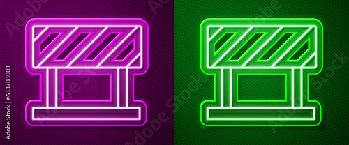 Glowing neon line Road barrier icon isolated on purple and green background. Symbol of restricted area which are in under construction processes. Repair works. Vector