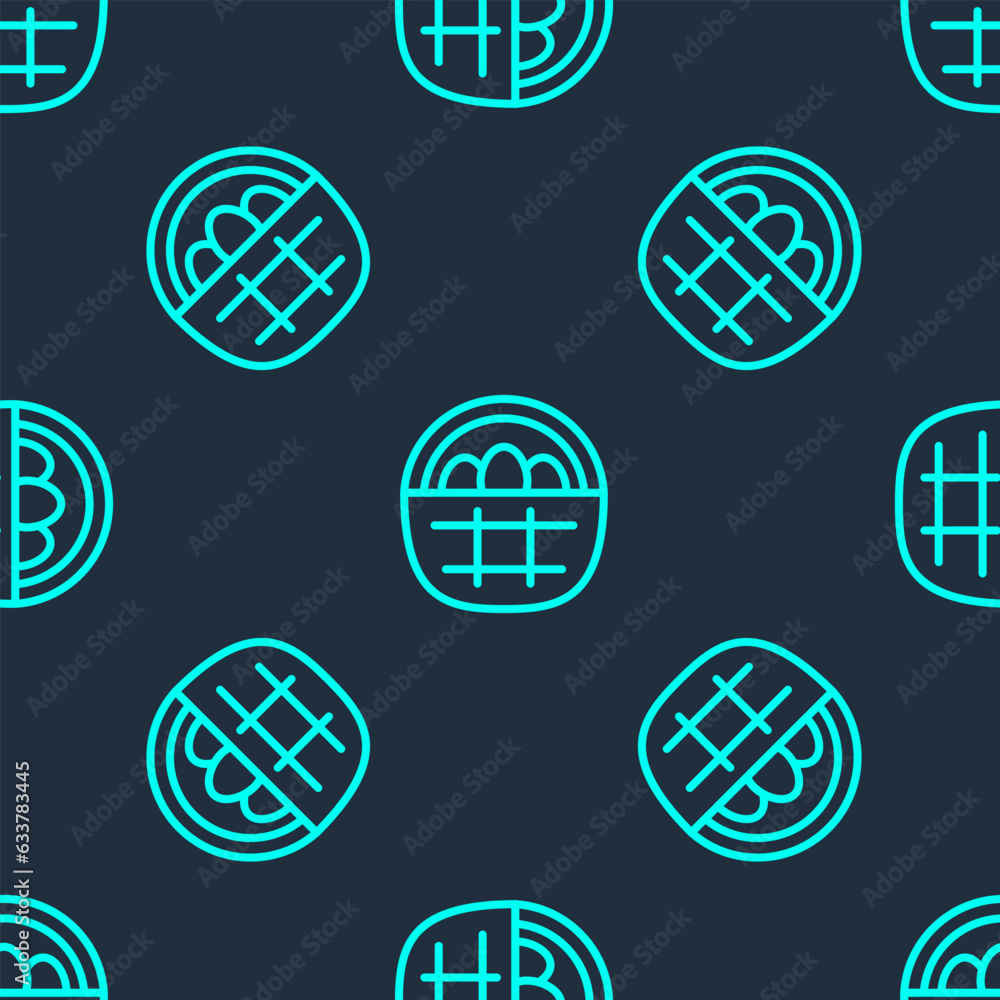 Green line Basket with easter eggs icon isolated seamless pattern on blue background. Happy Easter. Vector Green line Basket with easter eggs icon isolated seamless pattern on blue background. Happy Easter. Vector