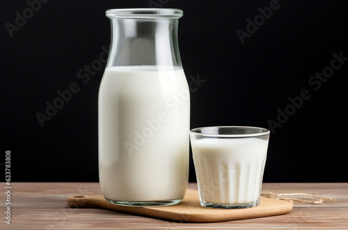 Glass of milk and bottle on the wooden table.Healthy vegan milk concept.Plant based milk concept.Lactose free,organic healthy milk concept.Fresh dairy products, cow's milk, cheese, organic concept.