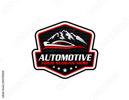 Sport car logo illustration on dark background. Drag racing.
