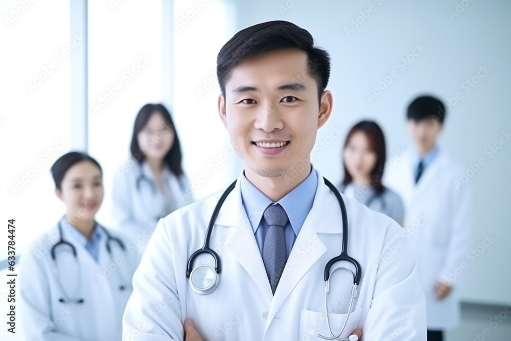 Successful team of medical doctors are looking at camera and smiling while standing in hospital, Created using generative AI tools. Successful team of medical doctors are looking at camera and smiling while standing in hospital, Created using generative AI tools.