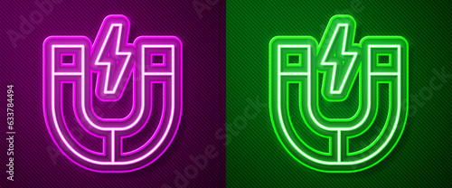 Glowing neon line Magnet icon isolated on purple and green background. Horseshoe magnet, magnetism, magnetize, attraction. Vector
