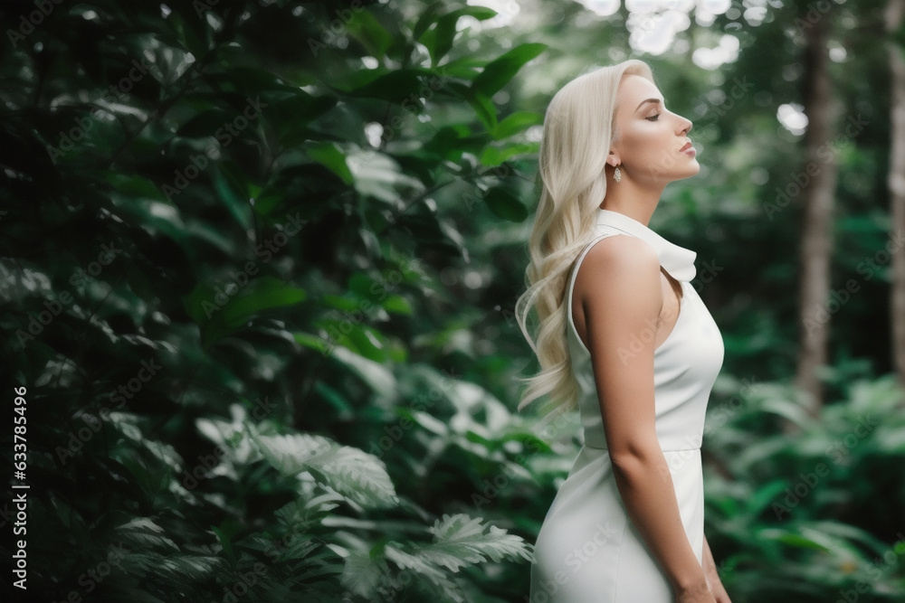 beautiful young woman with long hair and white figure in white dress posing in the forest. beauty, fashion, vogue style. beautiful young woman with long hair and white figure in white dress posing in the forest. beauty, fashion, vogue style.