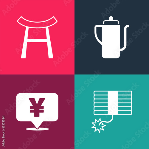 Set pop art Firework  Chinese Yuan currency  tea ceremony and Japan Gate icon. Vector