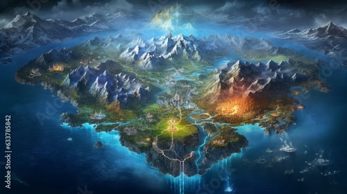 a map of a fantasy world thunder fire water ice lighti.Generative AI