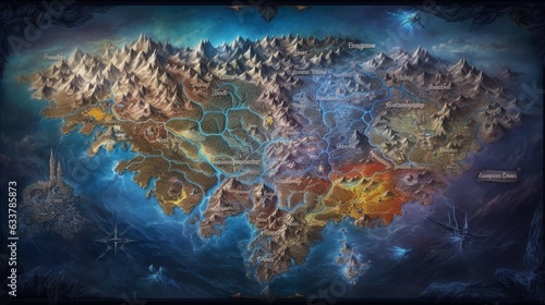 a map of a fantasy world thunder fire water ice lighti.Generative AI © sudipdesign