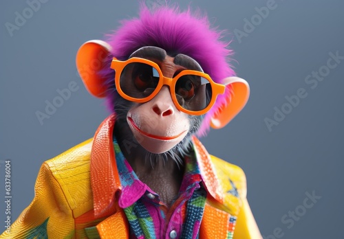 Anthropomorphic monkey dressed in a yellow jacket and sunglasses. Human characters through animals. Illustration of a cheerful and elegant chimpanzee with purple hair on his head. Creative idea. photo