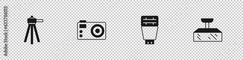 Set Tripod, Photo camera, flash and Softbox light icon. Vector