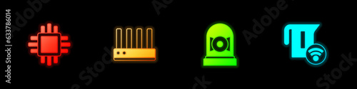 Set Processor with CPU, Router and wi-fi signal, Ringing alarm bell and Smart electric kettle icon. Vector