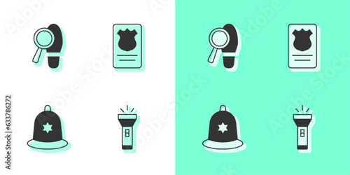 Set Flashlight, Footsteps, British police helmet and Police badge with id case icon. Vector