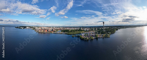 Aerial panorama of Tampere above a lake