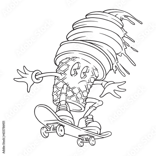 coloring illustration of cartoon ice cream skateboarder