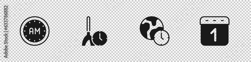 Set Morning time, Cleaning, World and Calendar icon. Vector