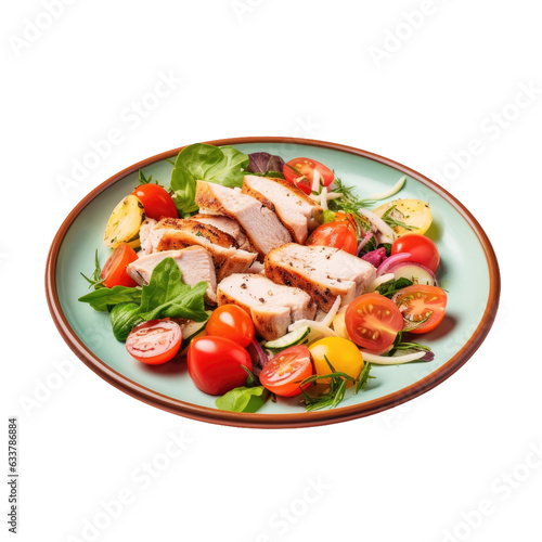 A transparent background showcases a salad with chicken breast and croutons