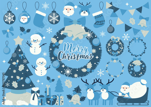 冬を表現した青系クリスマスのイラスト素材セット　サンタクロースやクリスマスリースや雪だるま