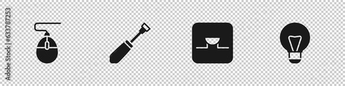 Set Computer mouse, Screwdriver, Buzzer in electronic circuit and Creative lamp light idea icon. Vector