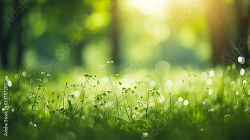 Defocused green trees in forest or park with wild meadow,  grass and sunlight