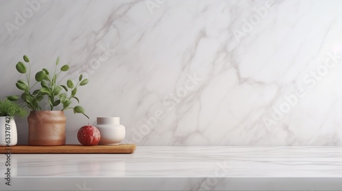 Vase and plants isolated on white marble table and white marble backgrounds with copy space, apartment or kitchen interior design.