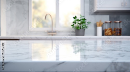 Marble stone table top (kitchen island) on blur kitchen interior background