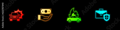 Set Car accident, Money with shield, Burning car and Briefcase icon. Vector