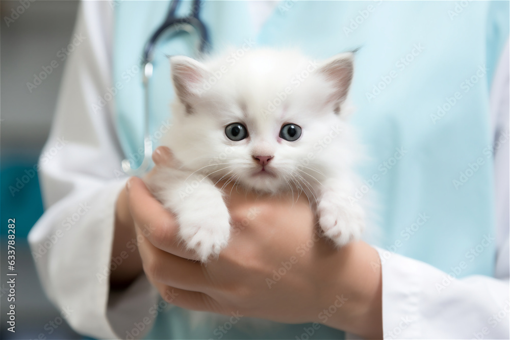Veterinarian holding a kitten. Pet care and treatment concept. Kind vet doctor holding a cat in their hands