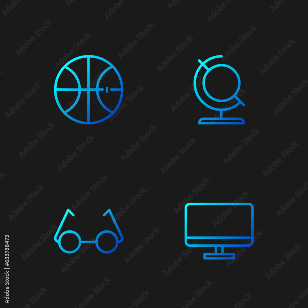 Set line Computer monitor screen, Glasses, Basketball ball and Earth globe. Gradient color icons. Vector Set line Computer monitor screen, Glasses, Basketball ball and Earth globe. Gradient color icons. Vector