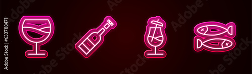 Set line Wine glass, Opened bottle of wine, Cocktail and Dried fish. Glowing neon icon. Vector