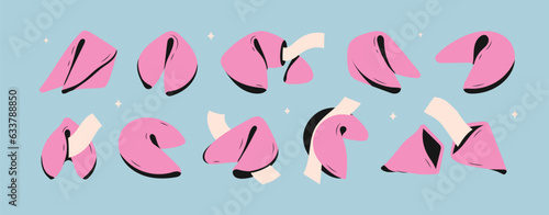Chinese fortune cookies flat food vector cartoon set on colors background with elements of stars. Fortune cookies with blank paper template. open and closed chinese fortune cookies Vector illustration