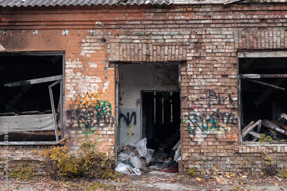 Destroyed building of the morgue. Old abandoned morgue with broken ...