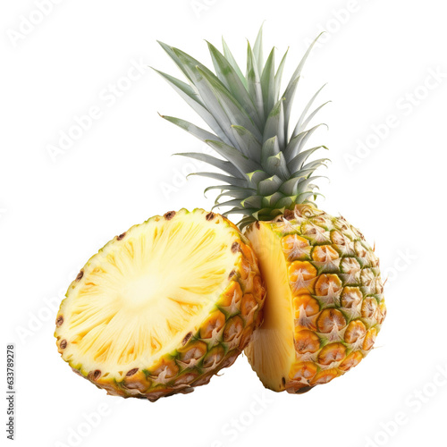 A juicy fruit pineapple alone on a transparent background cut in two halves