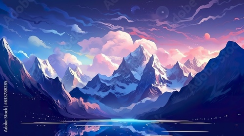 Snow peaks and glaciers on the dark sky landscape illustration. 